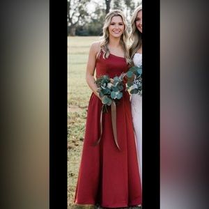 David’s bridal copper/rust one shoulder maxi bridesmaids dress with slit
